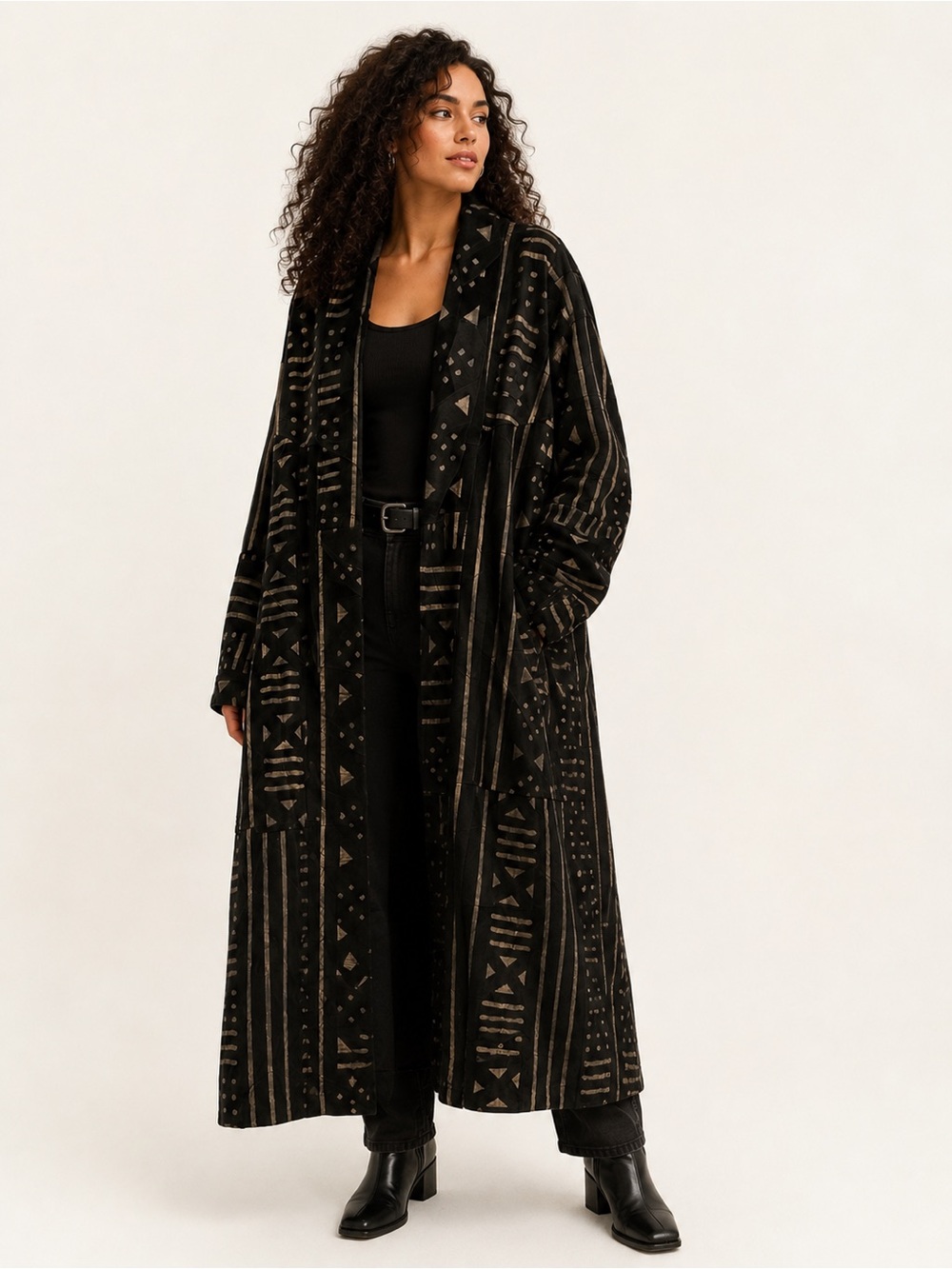 Vintage XLNC Mudcloth Print Leather Duster Coat Black Kimono Jacket XL - Picture 1 of 10